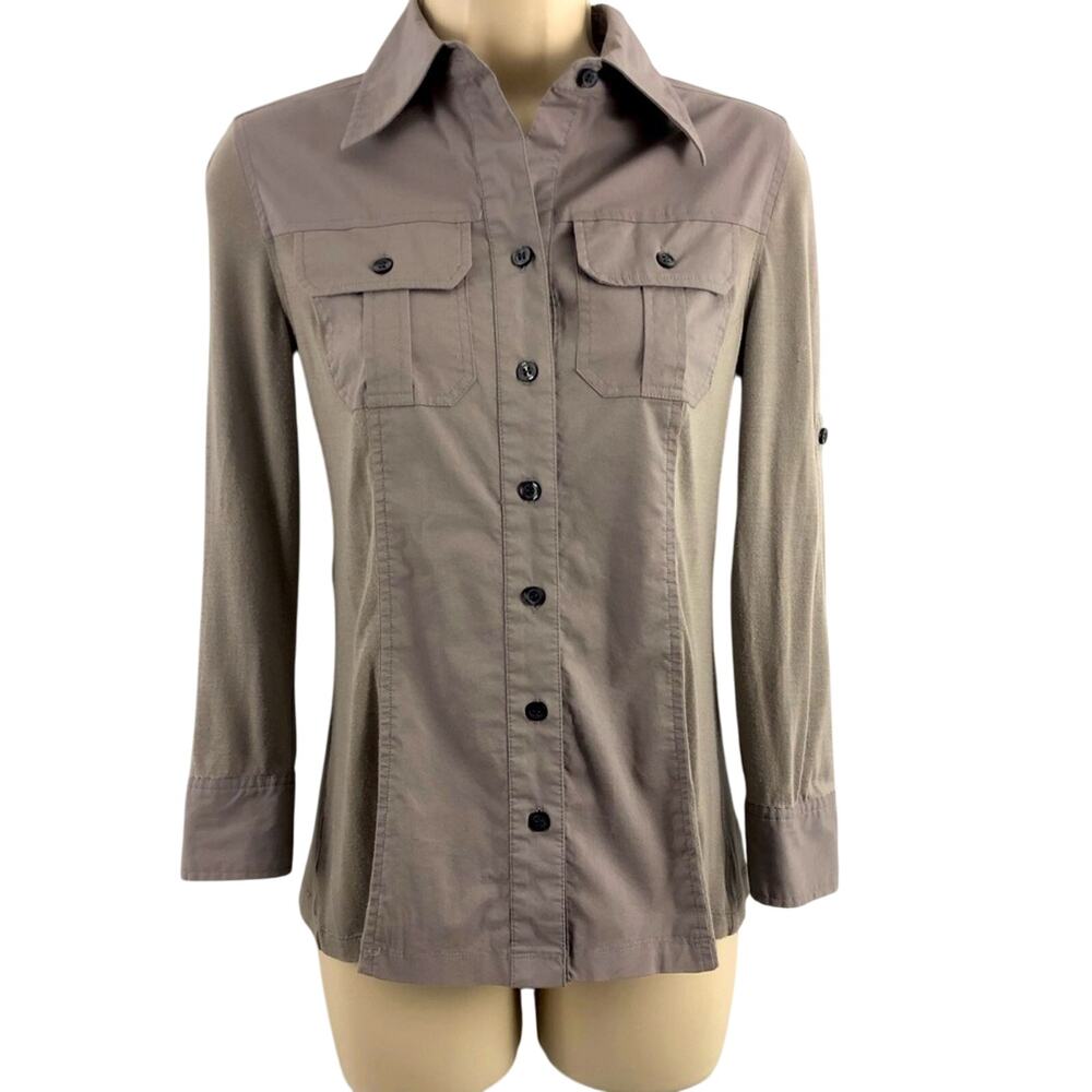 INC International Concepts Truffle Taupe Mixed Media Button Up Blouse Soft Knit
